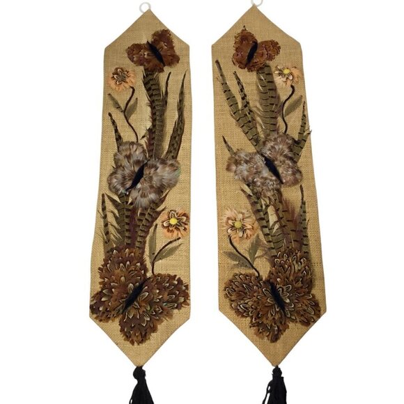 Hand Crafted Other - Vtg 3D Folk Art Feather Craft Art Burlap Wall Hanging Bell Pull Butterfly OOAK